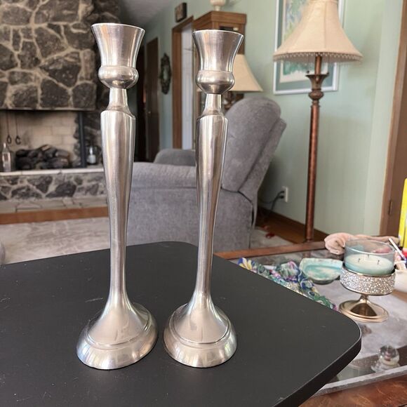 Vintage Brushed Silver Tone Pair of Taper Candlesticks Measures 11 3/4" Tall - Picture 3 of 7
